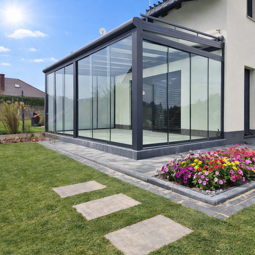 Kalter Wintergarten mit Glasschiebewänden und Aluminiumprofilen an Einfamilienhaus in Leipzig bei Sonnenschein