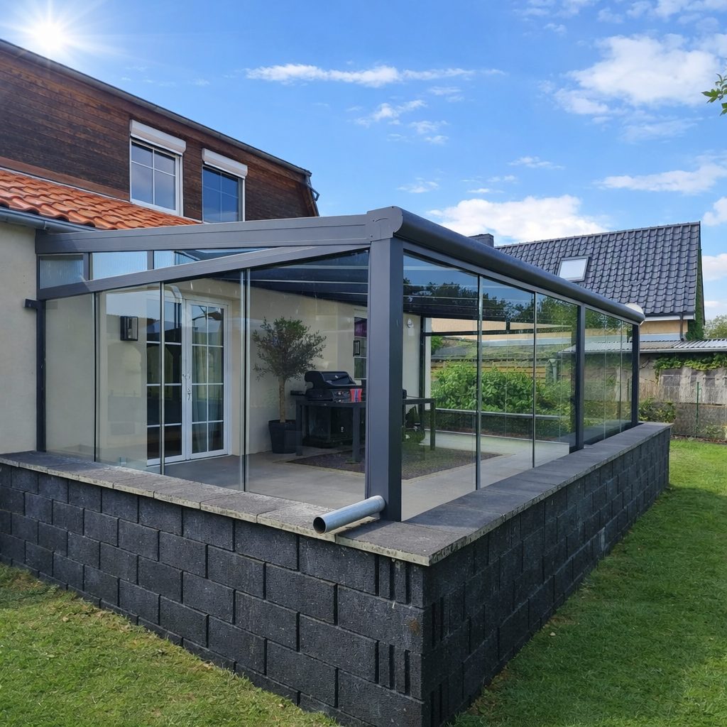 Kalter Wintergarten mit Klarglas-Schiebewänden und Aluminiumprofilen an Haus in Leipzig bei Sonnenschein