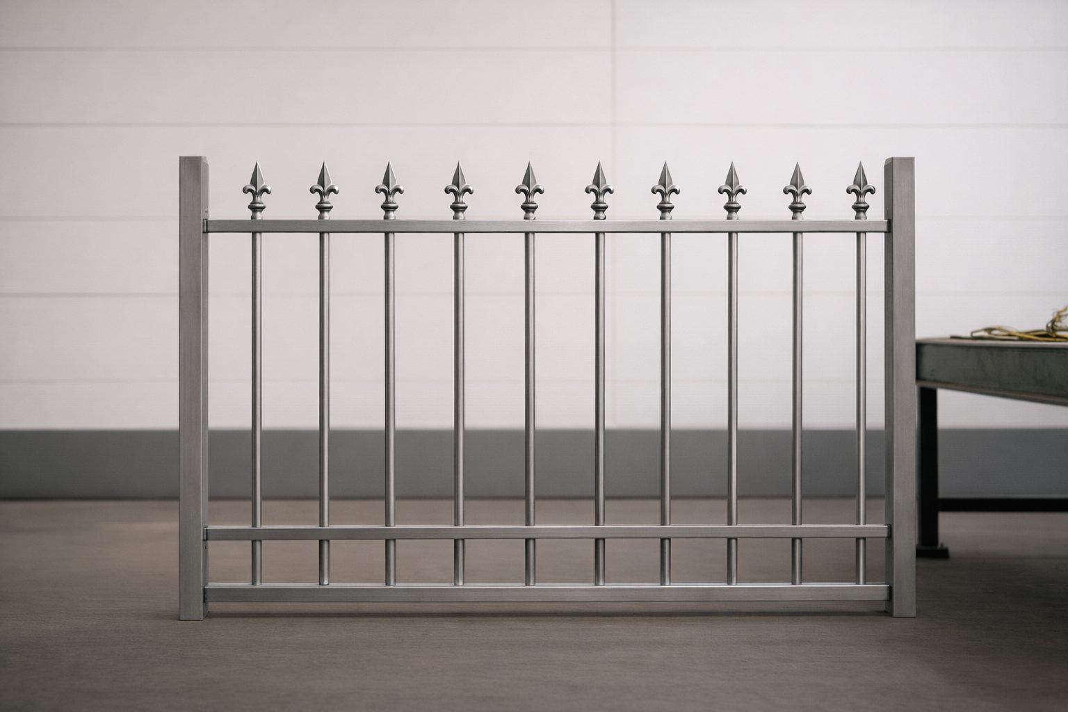 Klassisches Balkongeländer aus Metall in Silber (Edelstahloptik) mit Zierspitzen und vertikalen Stäben