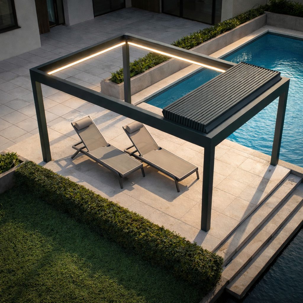Moderne Aluminium-Pergola mit integrierter LED-Beleuchtung, Liegestühlen und Pool in einem stilvoll angelegten Garten mit Terrasse