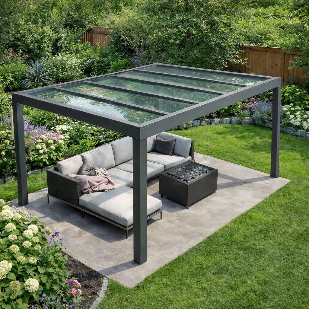 Moderne Pergola mit Glasdach über Lounge-Möbeln auf Terrasse in einem grünen Garten in der Region Halle -Leipzig