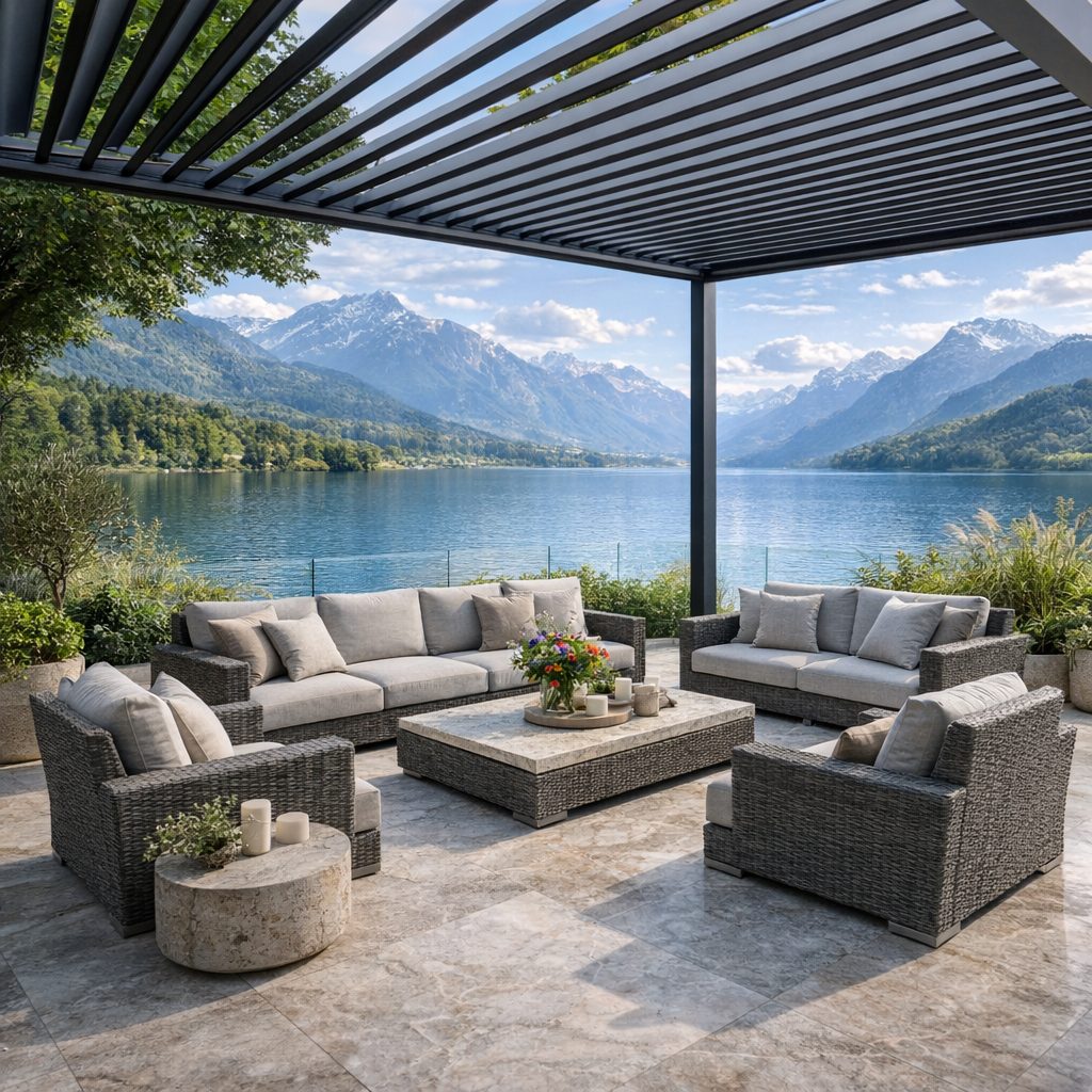Outdoor-Lounge unter moderner Pergola mit Lamellendach auf marmoriertem Boden, mit Blick auf einen See und weit entfernte Berge.