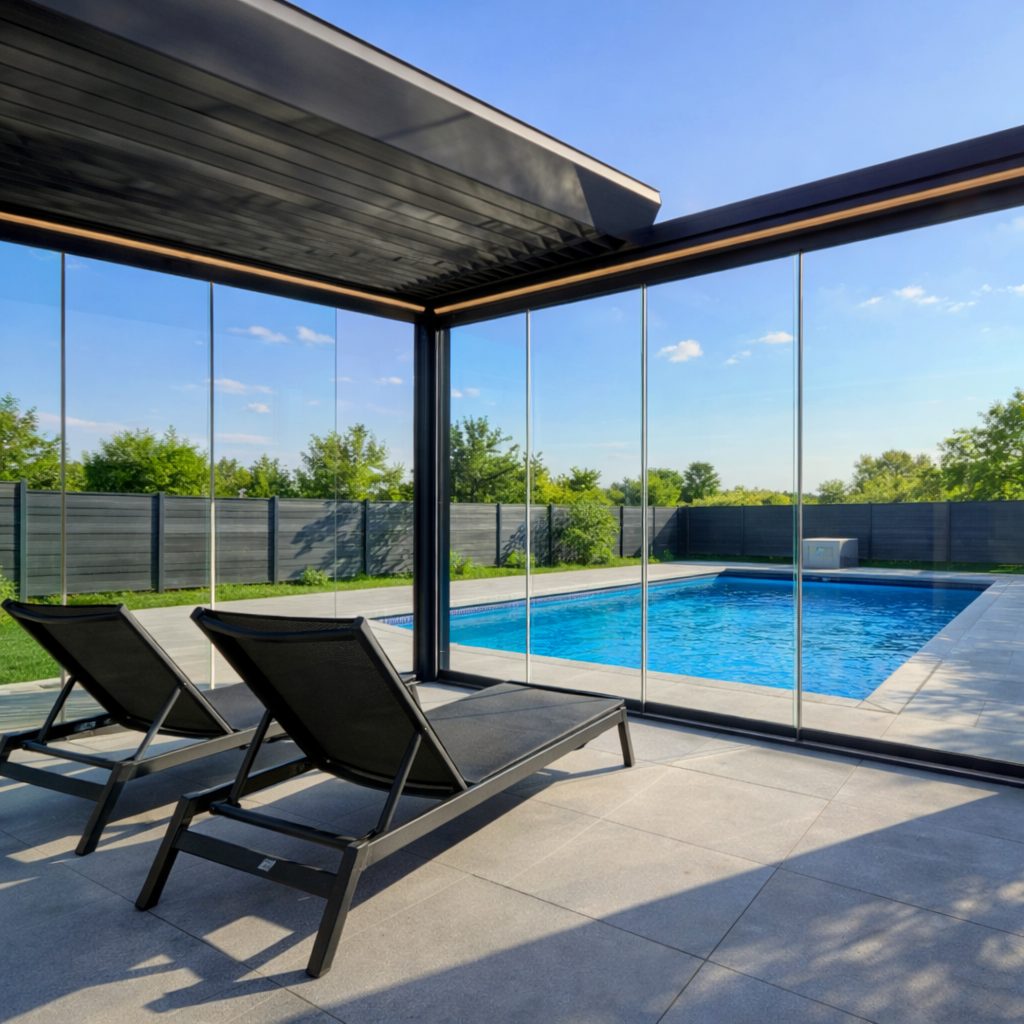 Moderner Pool unter einem Terrassendach mit Glaswänden, zwei Liegestühlen und anthrazitfarbenem Sichtschutzzaun im Hintergrund.