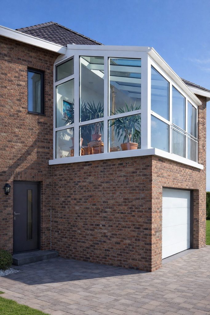 Warmer Wintergarten aus Glas mit weißem Rahmen, um einen Balkon gebaut, an modernem Einfamilienhaus mit Klinkerfassade.