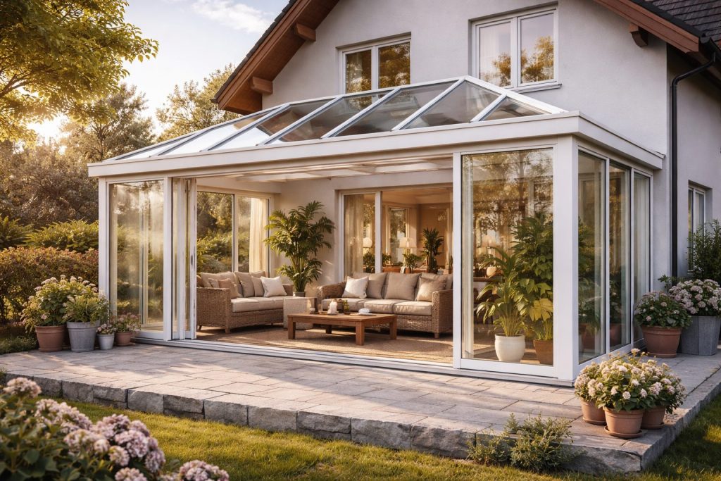 Warmer Wintergarten mit weißem Aluminiumrahmen und Glasdach am Einfamilienhaus – gemütlicher Wohnbereich, Region Halle–Leipzig.