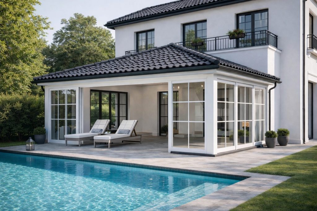 Weißer warmer Wintergarten mit anthrazitfarbenem Ziegeldach an moderner Stadtvilla, innen zwei Liegen, davor ein Pool