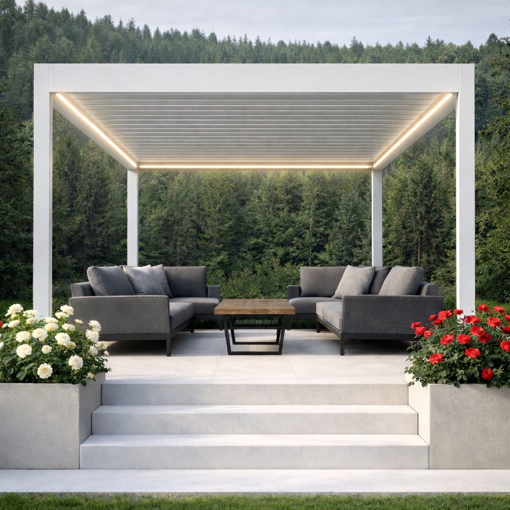 Weiße Pergola mit Lamellendach und LED-Beleuchtung auf heller Terrasse, graue Loungemöbel mit Couchtisch, Rosen in Kübeln, Wald im Hintergrund.