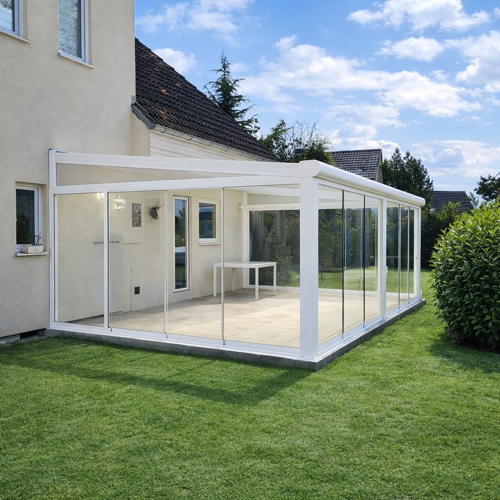 Weißer kalter Wintergarten mit Glasschiebewänden an Einfamilienhaus in Halle (Saale) bei Tageslicht