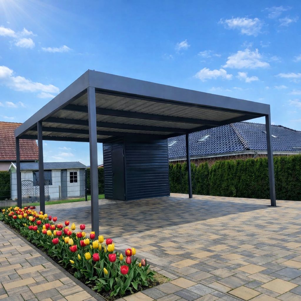 Modernes Aluminium-Carport mit Flachdach und integriertem Abstellraum auf gepflasterter Einfahrt mit weißem Steingarten bei sonnigem Himmel.