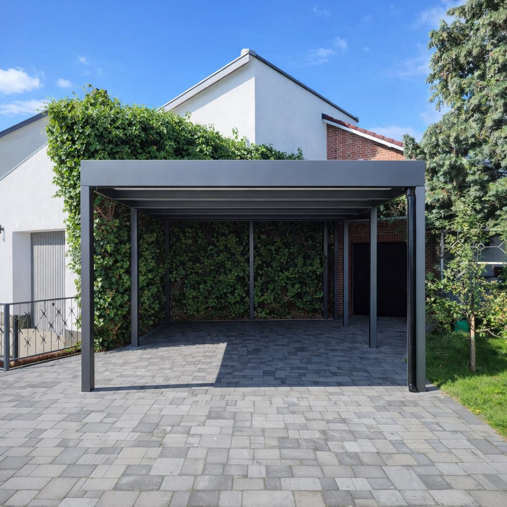 Modernes anthrazitfarbenes Stahl-Carport mit Flachdach auf gepflasterter Einfahrt an einem Wohnhaus im Raum Halle Leipzig