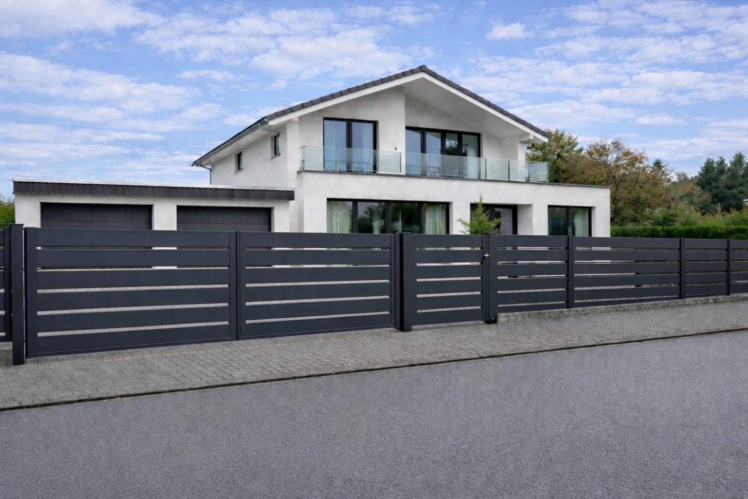 Moderner Aluminiumzaun mit waagerechten Paneelen in Anthrazit vor einem Einfamilienhaus