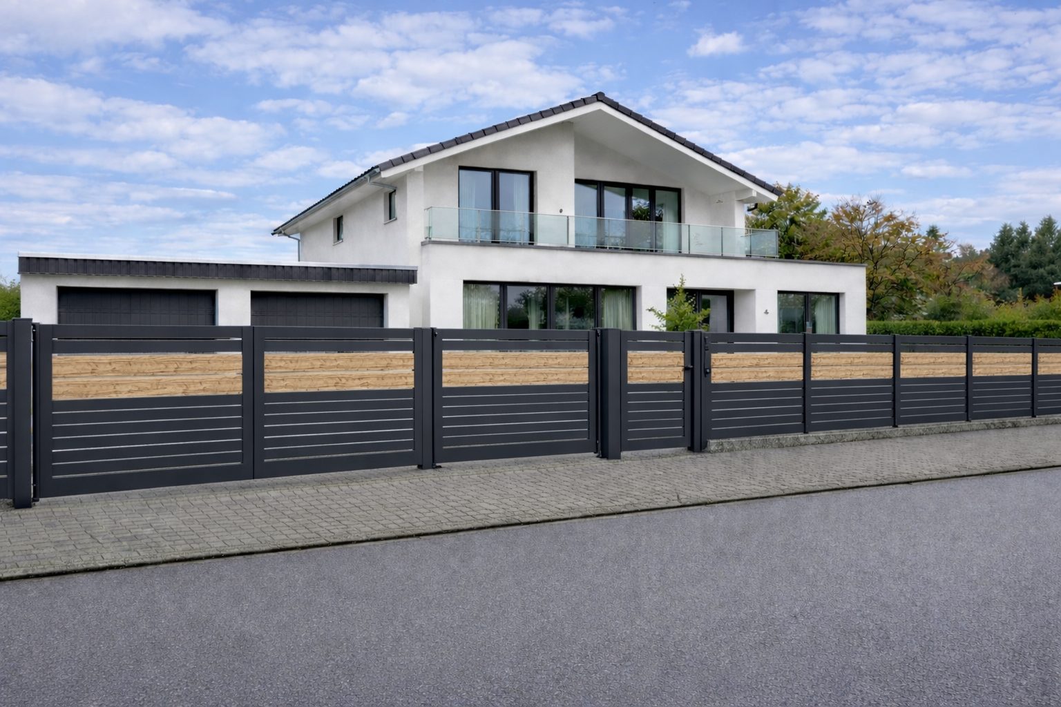 Moderner Aluminiumzaun mit waagerechten Paneelen in Anthrazit vor einem Einfamilienhaus