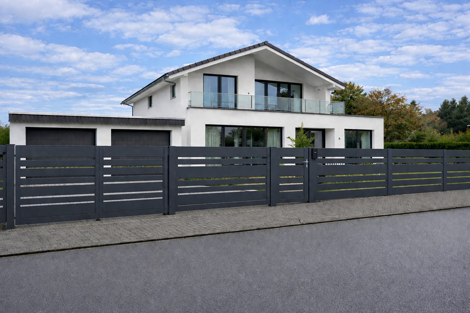 Moderner Aluminiumzaun mit waagerechten Paneelen in Anthrazit vor einem Einfamilienhaus