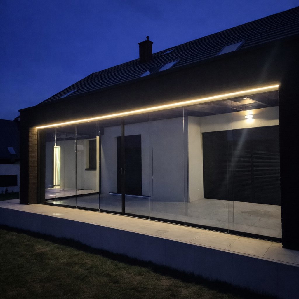 Moderner kalter Wintergarten mit rahmenlosen Glasschiebewänden und LED-Beleuchtung in Anthrazit im Raum Halle Leipzig