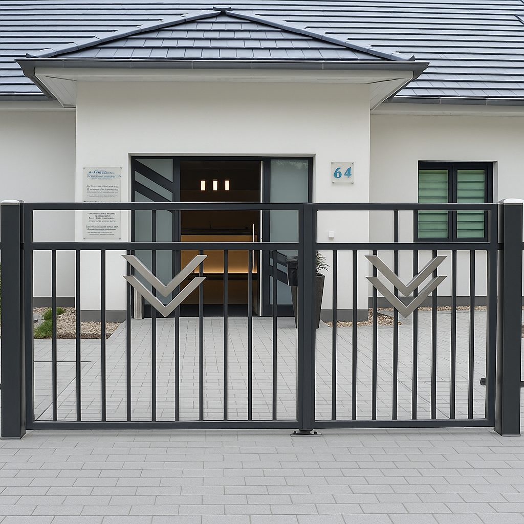 Zweiflügeliges Einfahrtstor aus pulverbeschichtetem Stahl in Anthrazit mit Edelstahl-Applikationen vor modernem Praxisgebäude